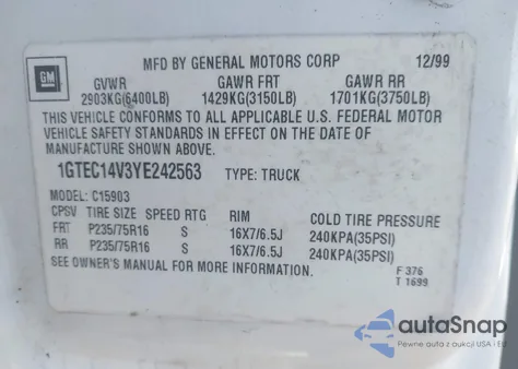 2000 GMC Sierra 1500 Sl z USA, uszkodzony, nr VIN 1GTEC14V3YE242563